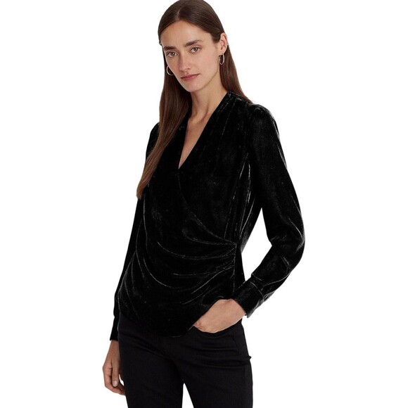 Lauren Ralph Lauren Tops - Lauren Ralph Lauren Women’s Pleated Velvet Surplice Blouse Black Sz‎ 12 NWT $165